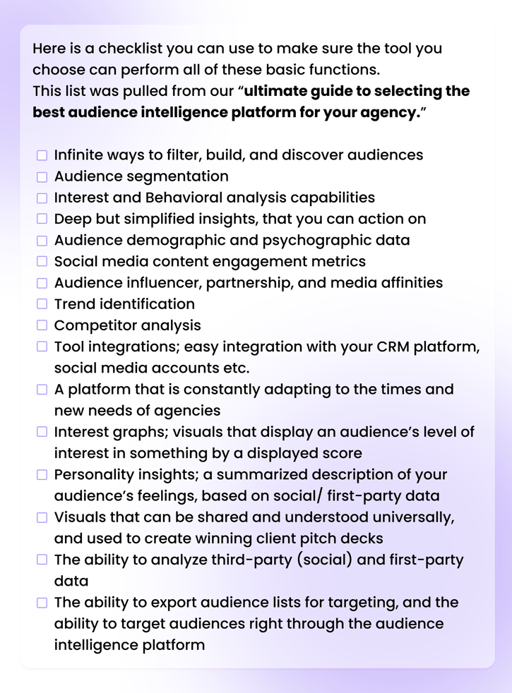 Liste de contrôle pour sélectionner la meilleure plateforme d'intelligence d'audience