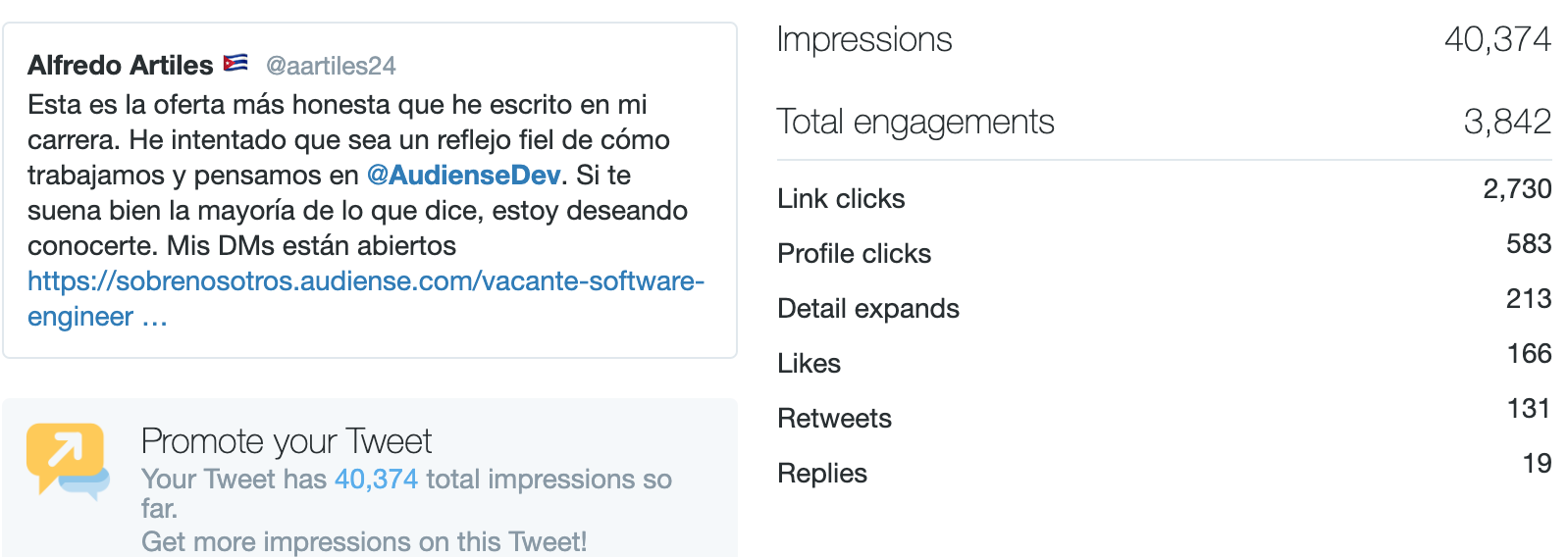 Audiense - Campagne de recrutement - Tweet organique - Tweet Analytics