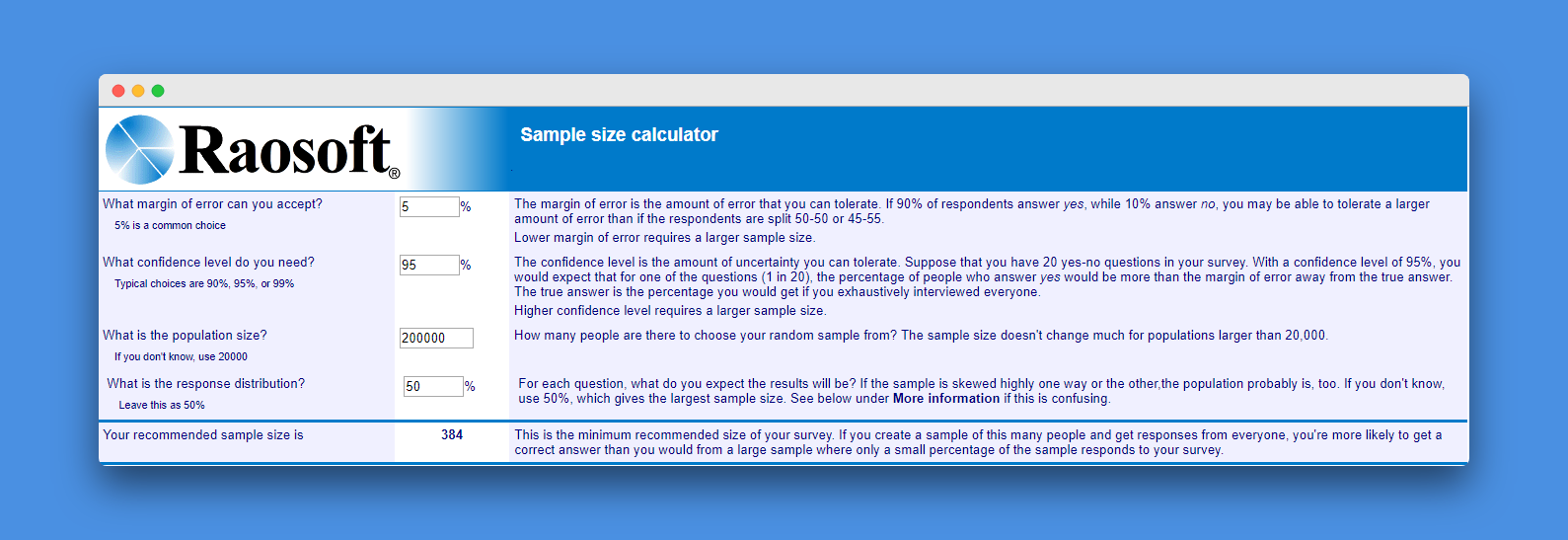 Calculateur de taille d'échantillon par Raosoft