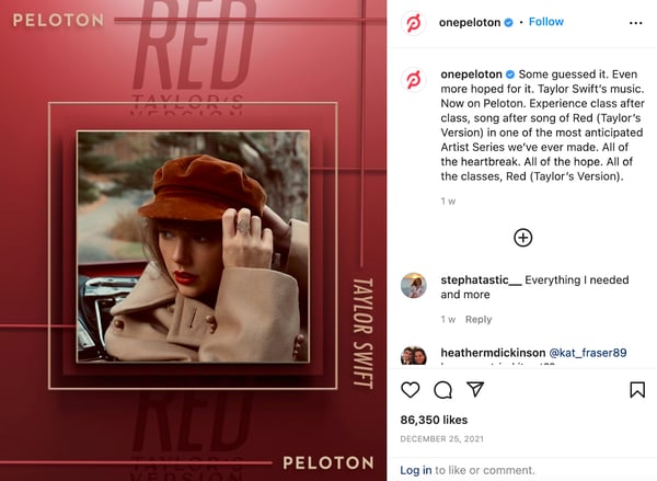 Audiense blog - Message Instagram de Peloton, annonçant le partenariat avec Taylor Swift