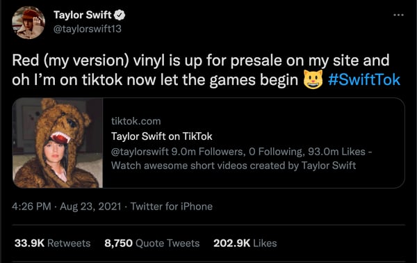 Audiense blog - tweet de Taylor annonçant qu'elle est désormais sur TikTok.