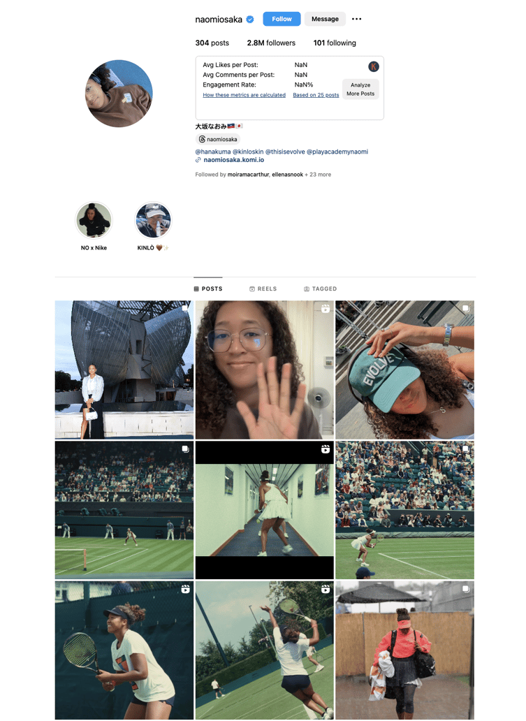 Audiense blog - image - Naomi Osaka Instagram profile