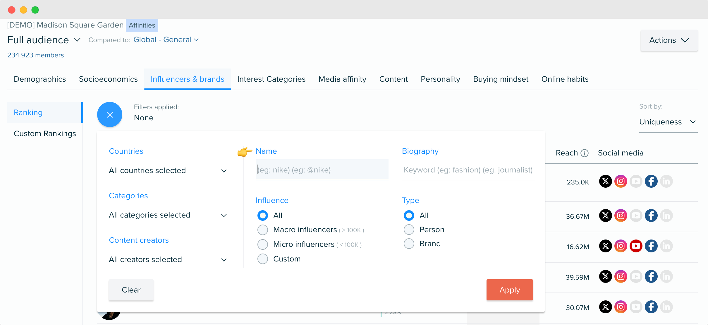 Audiense blog - image - nouveau filtre Nom dans l'onglet Influencers & Brands - Audiense Insights